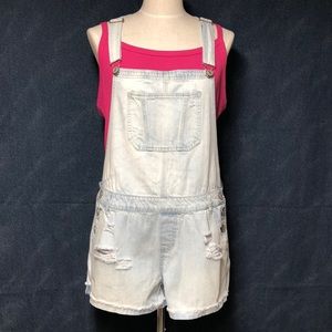 Denim Overalls Shorts Distressed Light Wash